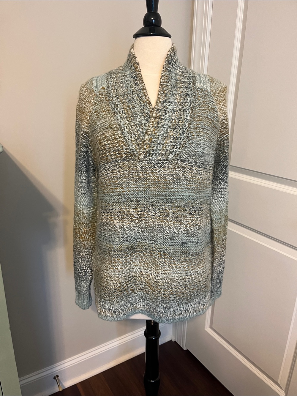 Prana Multitone Shawl Collar Turtleneck Sweater - Blue & Cream size small